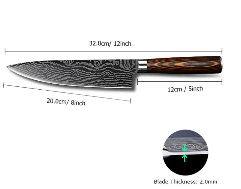 Laser wave color wood handle 8 inch steel knife