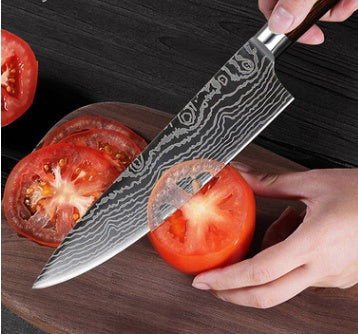 Laser wave color wood handle 8 inch steel knife